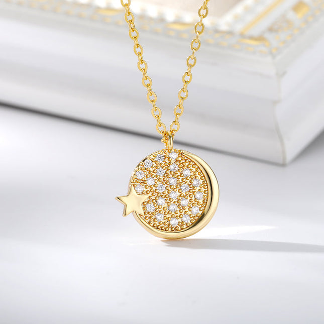 House of Shakespeare Gold 14K Gold Plated, Zirconia Necklaces Charm Pendant Necklace | Gold Silver Moon Star Zirconia Chain