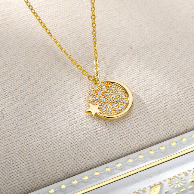 House of Shakespeare 14K Gold Plated, Zirconia Necklaces Charm Pendant Necklace | Gold Silver Moon Star Zirconia Chain