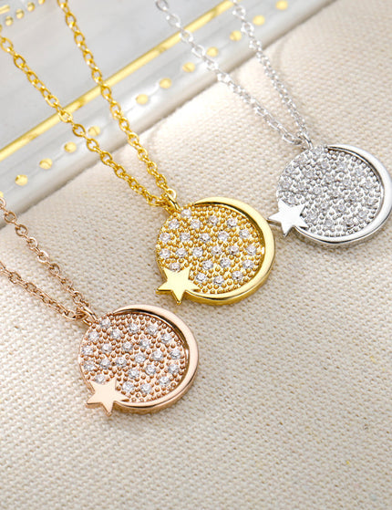 House of Shakespeare Silver 14K Gold Plated, Zirconia Necklaces Charm Pendant Necklace | Gold Silver Moon Star Zirconia Chain