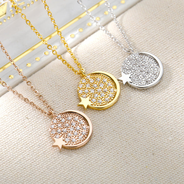 House of Shakespeare Silver 14K Gold Plated, Zirconia Necklaces Charm Pendant Necklace | Gold Silver Moon Star Zirconia Chain