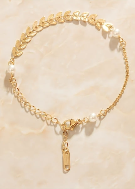 Crescent Bracelet | Gold White Pearl Slim Chain Link - Gold - Bracelets