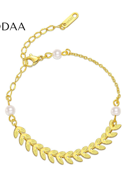 Crescent Bracelet | Gold White Pearl Slim Chain Link - Gold - Bracelets