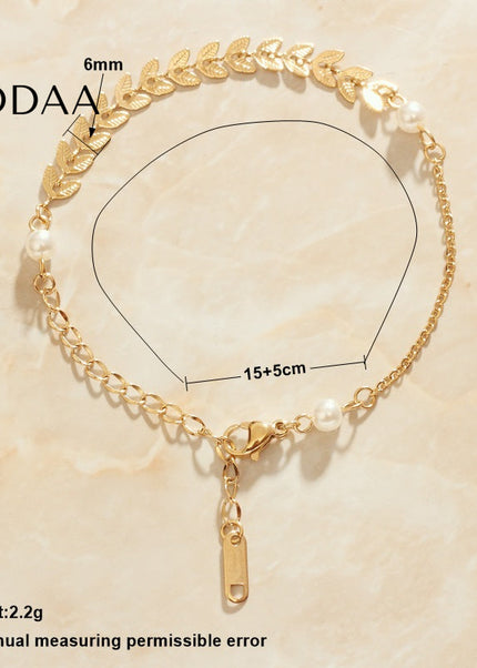 Crescent Bracelet | Gold White Pearl Slim Chain Link - Gold - Bracelets