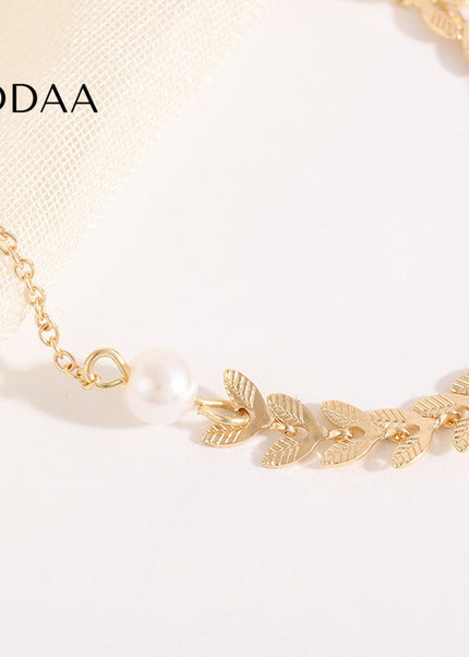 Crescent Bracelet | Gold White Pearl Slim Chain Link - Gold - Bracelets