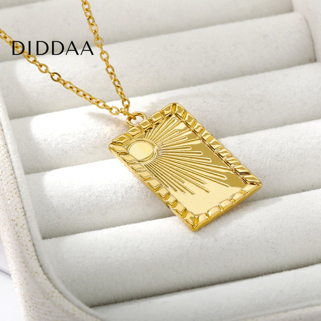 Sunrise Pendant Necklace | Gold Shining Sun Dog Tag Chain - Necklaces