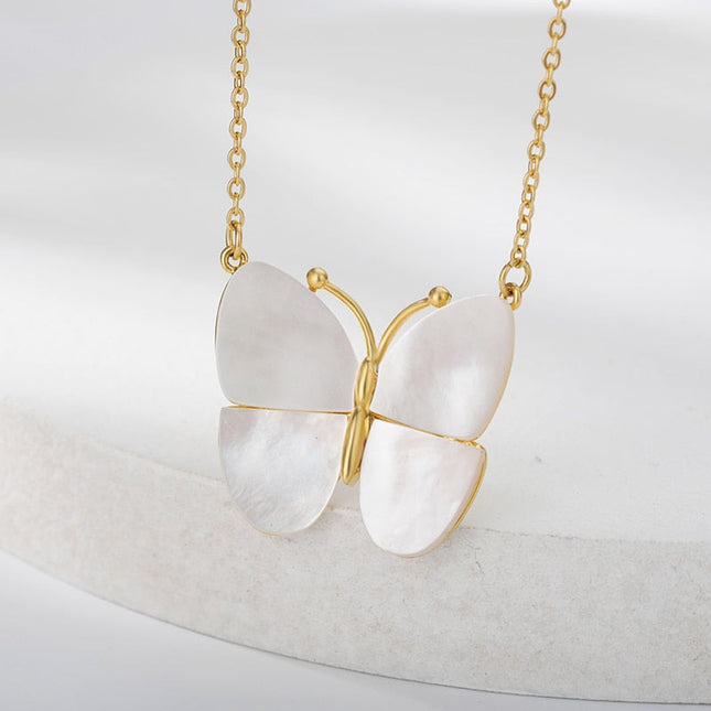 Jubille Pendant Necklace | Gold Pearl White Butterfly Chain - Gold - Necklaces
