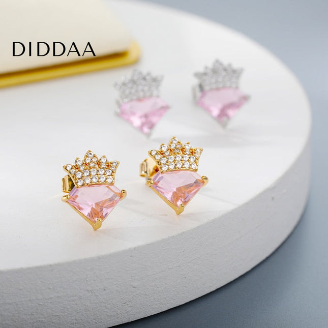 Liana Earrings | Gold Pink Zirconia Crown Diamond Stud Earrings - Earrings