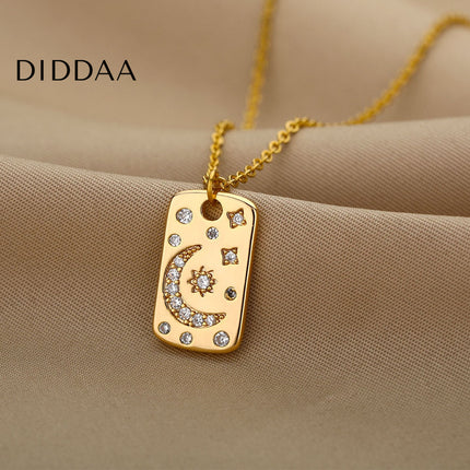 Starlight Pendant Necklace | Gold Sun & Moon Dog Tag Chain - Necklaces