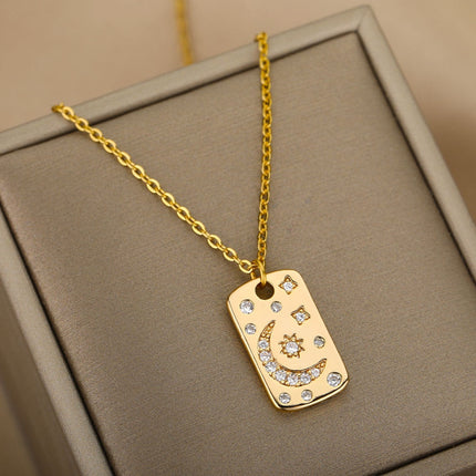 Starlight Pendant Necklace | Gold Sun & Moon Dog Tag Chain - Necklaces