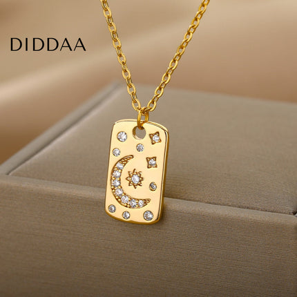 Starlight Pendant Necklace | Gold Sun & Moon Dog Tag Chain - Gold - Necklaces