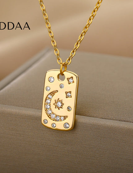Starlight Pendant Necklace | Gold Sun & Moon Dog Tag Chain - Gold - Necklaces