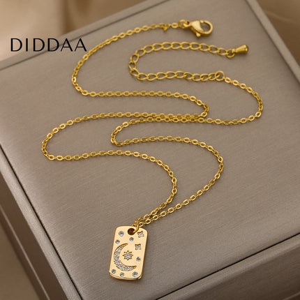 Starlight Pendant Necklace | Gold Sun & Moon Dog Tag Chain - Necklaces