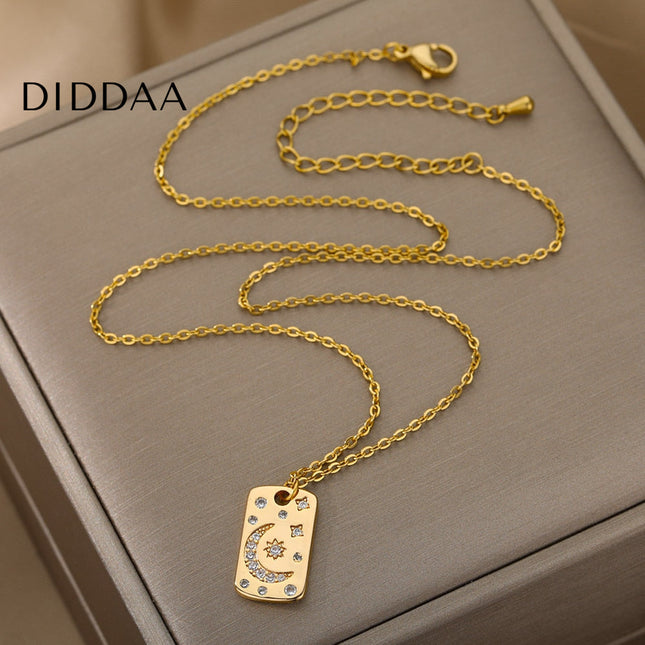 Starlight Pendant Necklace | Gold Sun & Moon Dog Tag Chain - Necklaces