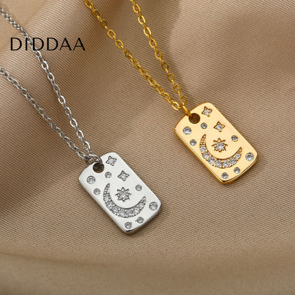 Starlight Pendant Necklace | Gold Sun & Moon Dog Tag Chain - Silver - Necklaces