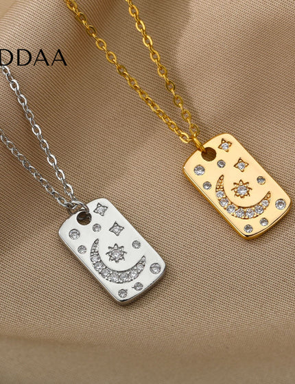 Starlight Pendant Necklace | Gold Sun & Moon Dog Tag Chain - Silver - Necklaces