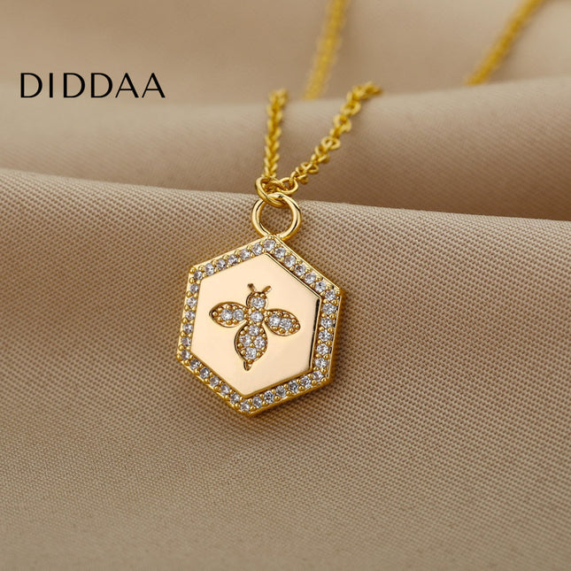 Cache Pendant Necklace | Gold Silver Zirconia Bee Chain - Necklaces