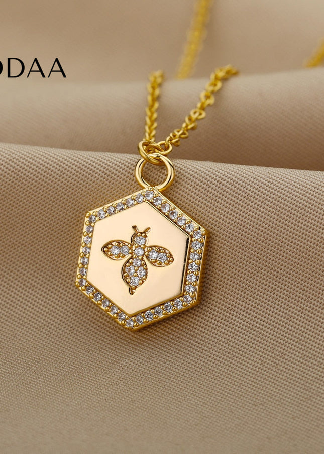 Cache Pendant Necklace | Gold Silver Zirconia Bee Chain - Necklaces