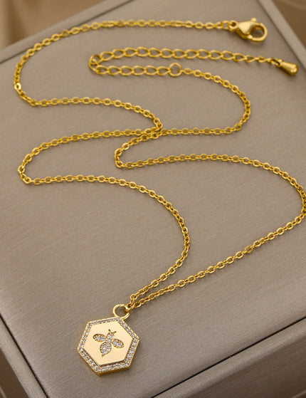 Cache Pendant Necklace | Gold Silver Zirconia Bee Chain - Gold - Necklaces