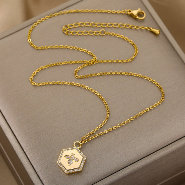 Cache Pendant Necklace | Gold Silver Zirconia Bee Chain - Gold - Necklaces