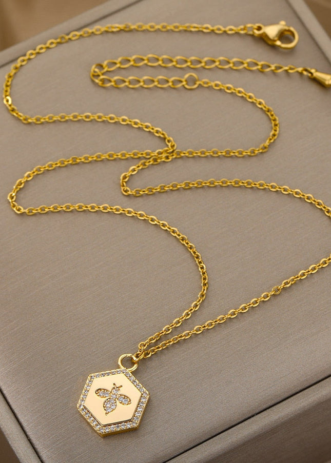 Cache Pendant Necklace | Gold Silver Zirconia Bee Chain - Gold - Necklaces