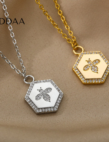 Cache Pendant Necklace | Gold Silver Zirconia Bee Chain - Silver - Necklaces