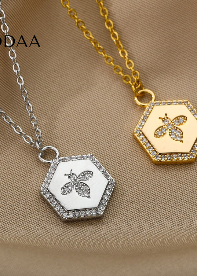 Cache Pendant Necklace | Gold Silver Zirconia Bee Chain - Silver - Necklaces