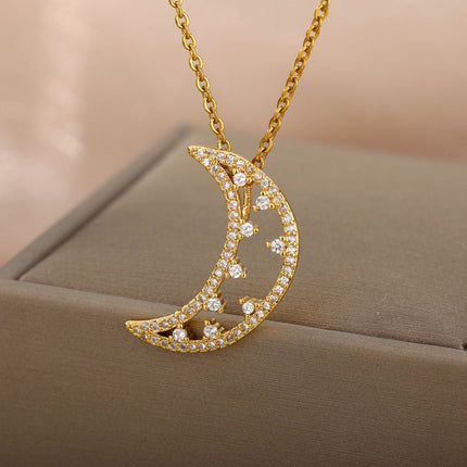 Midnight Pendant Necklace | Gold Half Moon Zirconia Chain - Gold - Necklaces