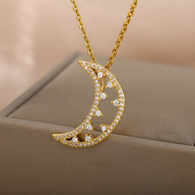 Midnight Pendant Necklace | Gold Half Moon Zirconia Chain - Gold - Necklaces
