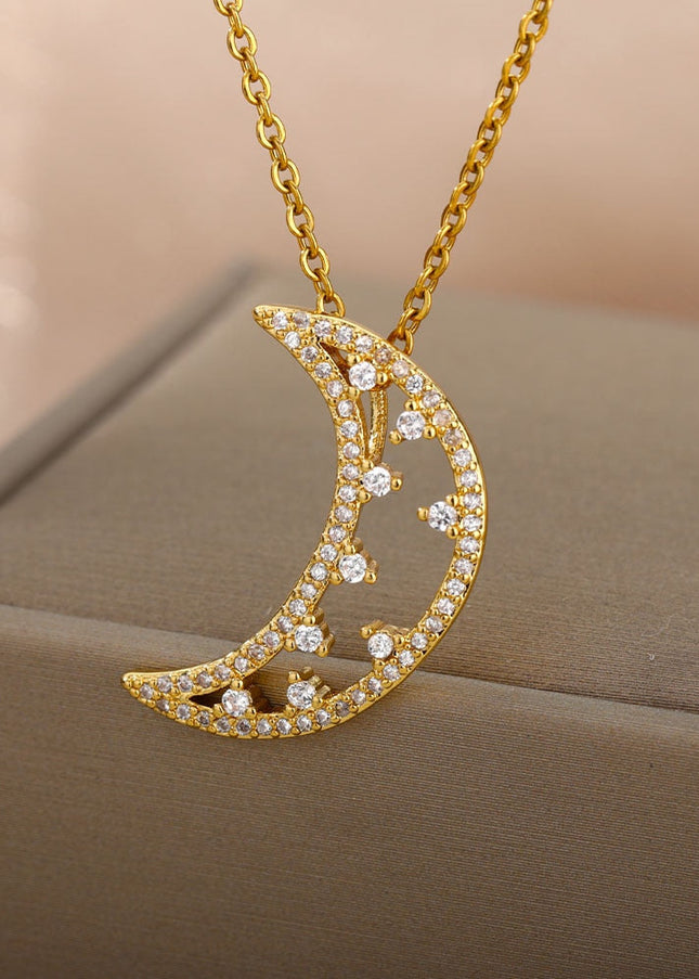 Midnight Pendant Necklace | Gold Half Moon Zirconia Chain - Gold - Necklaces
