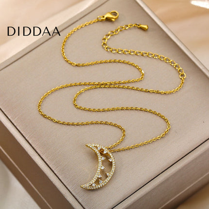 Midnight Pendant Necklace | Gold Half Moon Zirconia Chain - Gold - Necklaces