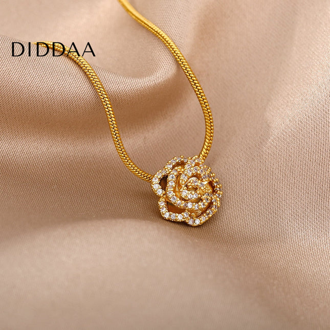 Rose Pendant Necklace | Gold Rose Zirconia Cute Chain - Gold - Necklaces