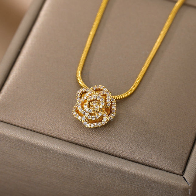 Rose Pendant Necklace | Gold Rose Zirconia Cute Chain - Gold - Necklaces