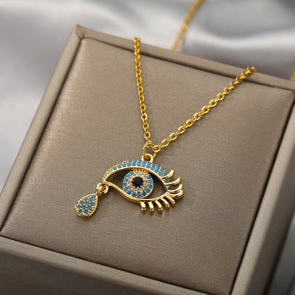 Vanche Pendant Necklace | Gold Blue Zirconia Evil Eye Chain - Gold - Necklaces