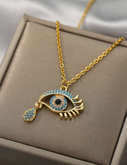 Vanche Pendant Necklace | Gold Blue Zirconia Evil Eye Chain - Gold - Necklaces