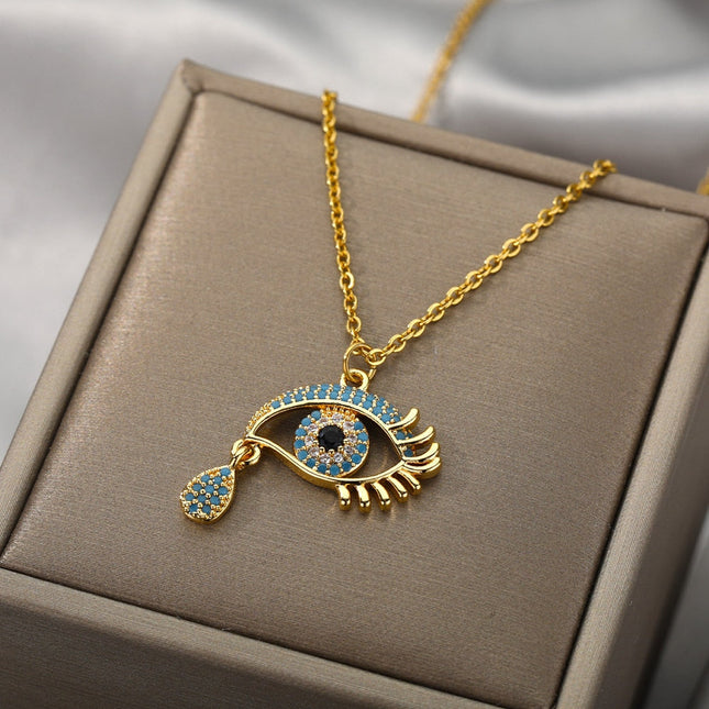 Vanche Pendant Necklace | Gold Blue Zirconia Evil Eye Chain - Gold - Necklaces
