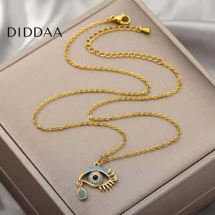 Vanche Pendant Necklace | Gold Blue Zirconia Evil Eye Chain - Necklaces