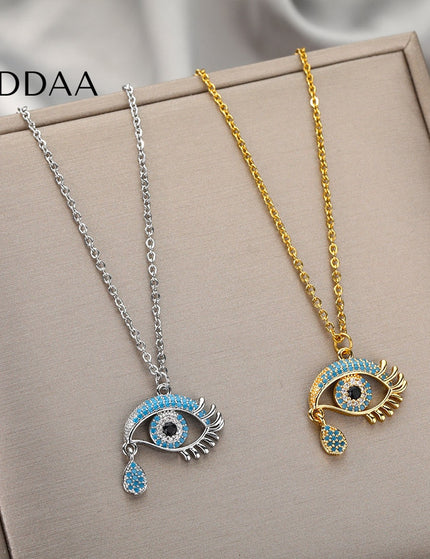 Vanche Pendant Necklace | Gold Blue Zirconia Evil Eye Chain - Silver - Necklaces