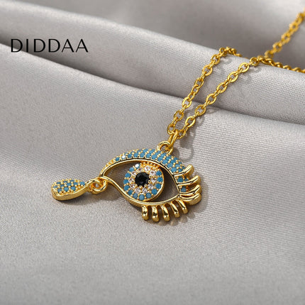 Vanche Pendant Necklace | Gold Blue Zirconia Evil Eye Chain - Necklaces