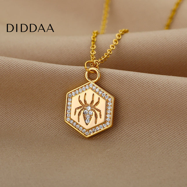 Riche Pendant Necklace | Gold Zirconia Spider Animal Chain - Necklaces
