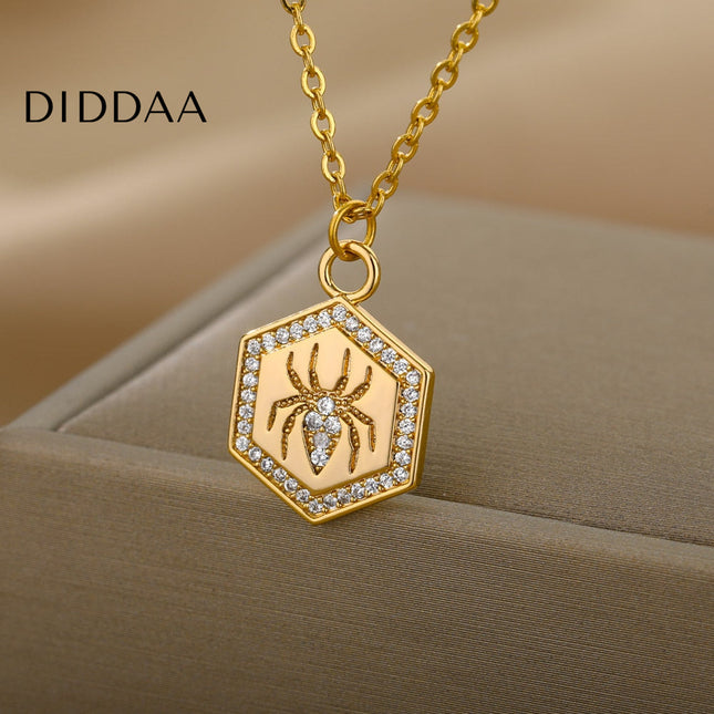 Riche Pendant Necklace | Gold Zirconia Spider Animal Chain - Necklaces