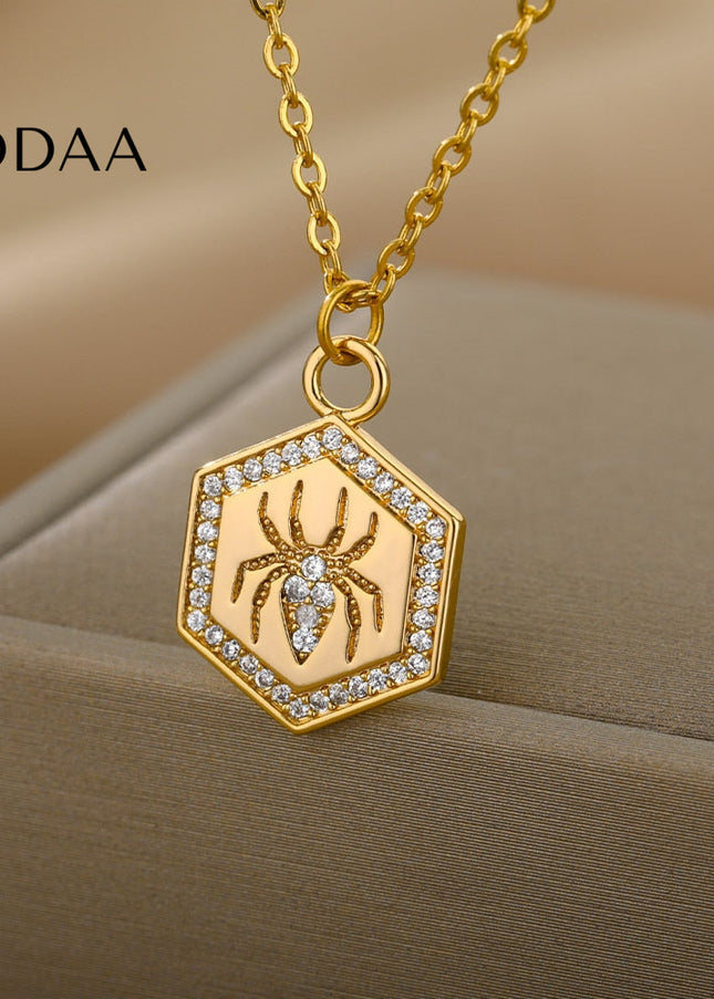 Riche Pendant Necklace | Gold Zirconia Spider Animal Chain - Necklaces