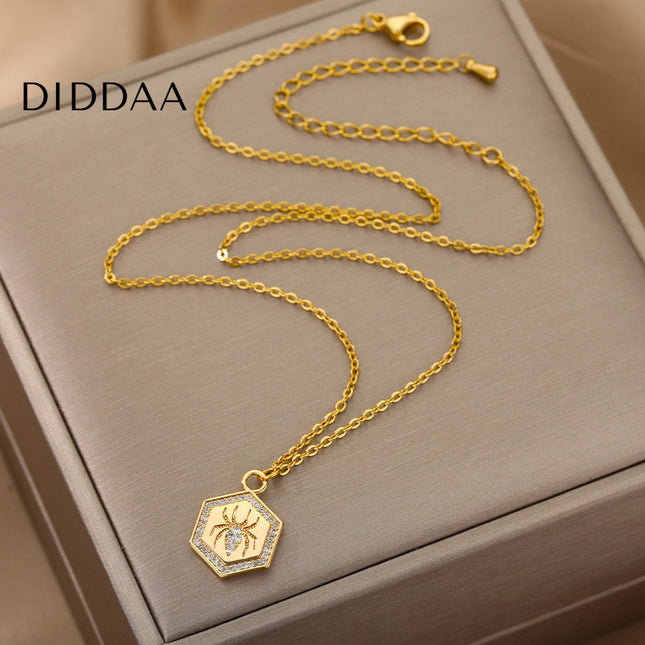 Riche Pendant Necklace | Gold Zirconia Spider Animal Chain - Necklaces