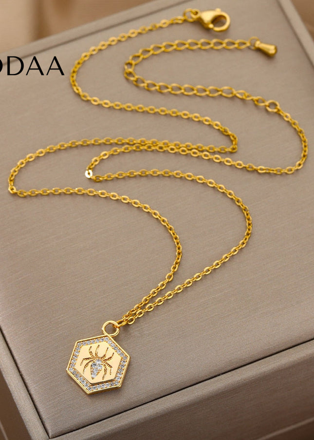Riche Pendant Necklace | Gold Zirconia Spider Animal Chain - Necklaces