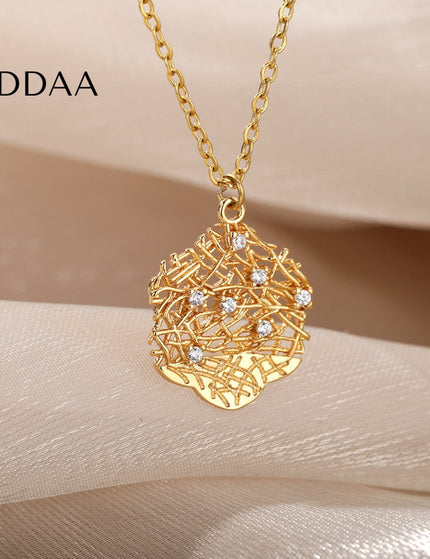 Honeycomb Pendant Necklace | Gold Silver Zirconia Statement Chain - Gold - Necklaces