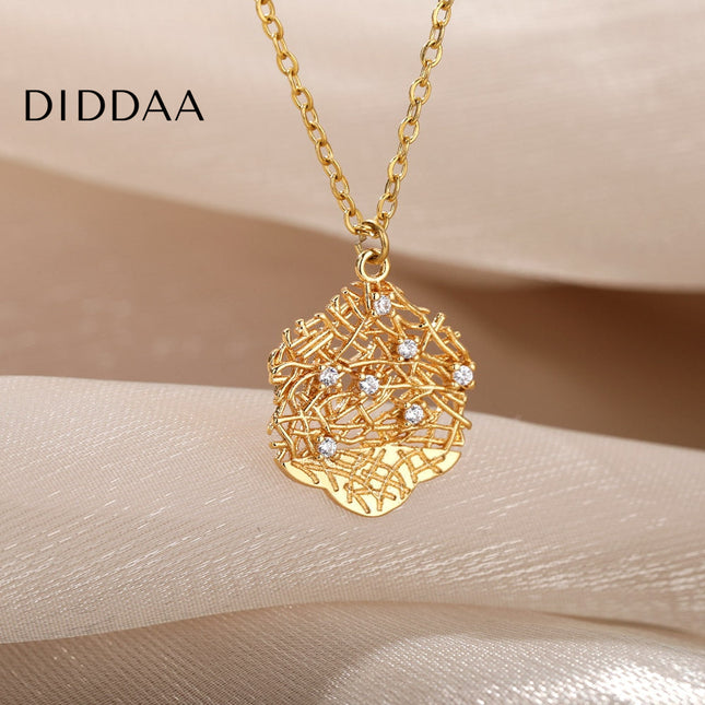 Honeycomb Pendant Necklace | Gold Silver Zirconia Statement Chain - Gold - Necklaces