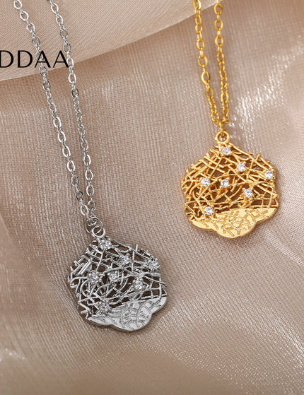 Honeycomb Pendant Necklace | Gold Silver Zirconia Statement Chain - Silver - Necklaces