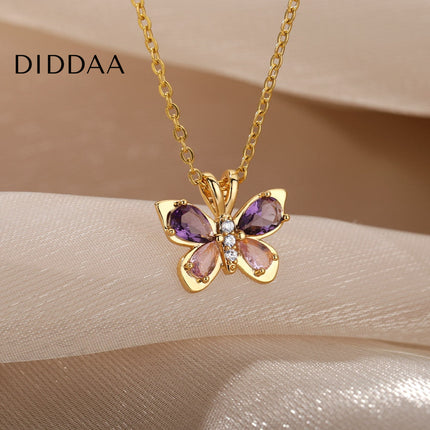 Valentine Pendant Necklace | Gold Purple Stone Butterfly Chain - Gold - Necklaces