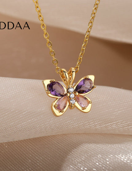 Valentine Pendant Necklace | Gold Purple Stone Butterfly Chain - Gold - Necklaces