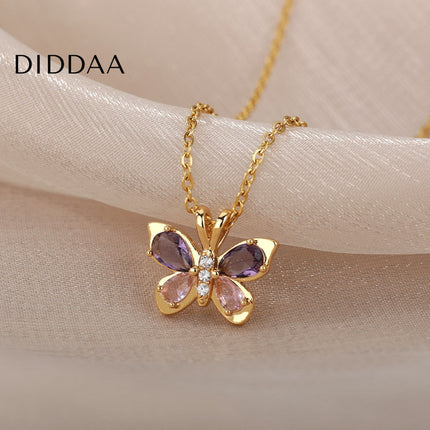 Valentine Pendant Necklace | Gold Purple Stone Butterfly Chain - Necklaces