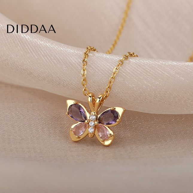 Valentine Pendant Necklace | Gold Purple Stone Butterfly Chain - Necklaces